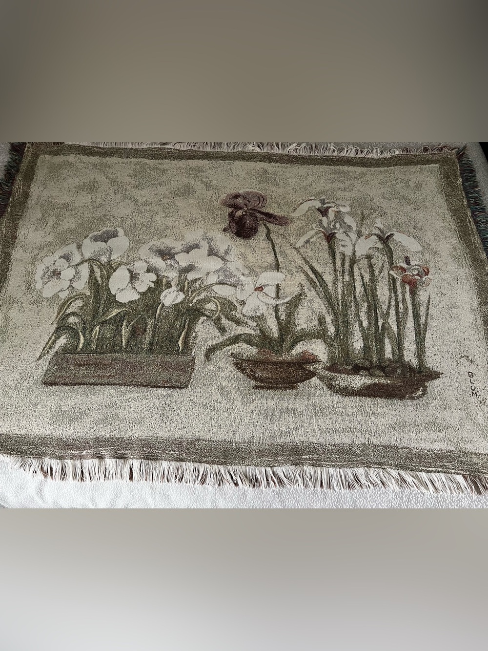 Vintage Cheri Blum Floral Iris Tapestry Blanket Cottagecore